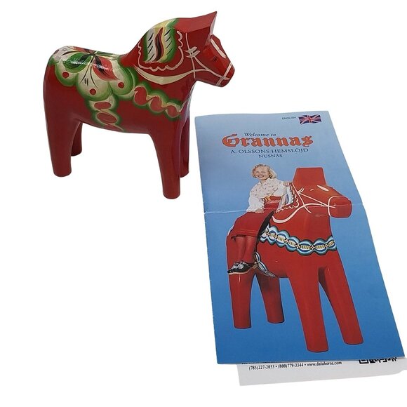 Swedish Dala Horse Hand-Painted Wooden Folk Art Orange Green with Brochure - Picture 1 of 7